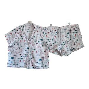J CREW Women's Plus 2X Pajamas Set Shorts Postcards Drawstring 100% Cotton